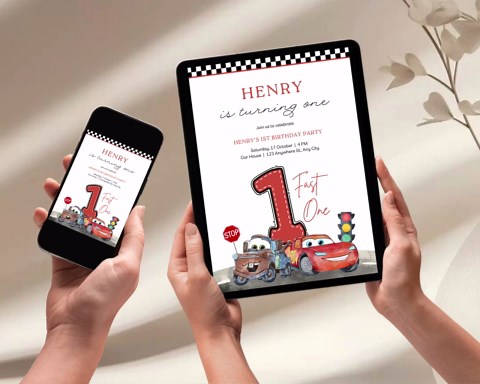 Editable Fast One First Birthday Invitation, Racing Cars Invitation, Lightning Mcqueen Invitation, Cars Theme Party, 1st Birthday Invite - Etsy