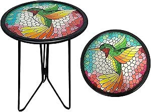 HONGLAND Outdoor Side Table, Small Mosaic Patio Table, 12" Round Metal Side Table End Table, Glass Plant Stand, Small Bistro Coffee Table Plant Stand for Garden Yard Porch Living Room（Hummingbird）