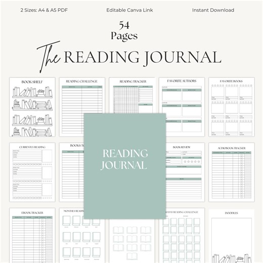 Digital Reading Journal | Canva Editable Book Tracker | 54 Page Printable Reading Log PDF - Etsy