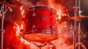 A blazing red drum set consumed by fiery flames set against a stark black background. Stock Video