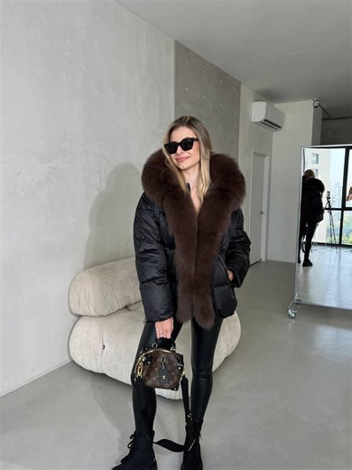 Brown Down Jacket Parka, Women’s Luxury Winter Coat, Natural Finnish Fox Fur Trim, Water-repellent Raincoat Fabric - Etsy