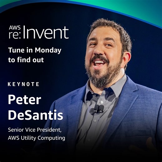 Join us Monday night as Peter DeSantis, SVP of AWS Utility Computing speaks at AWS re:Invent. ☁️ 🚀 💻 Livestream the keynote to learn about the engineering that powers AWS services & the unique culture of innovation that helps make it possible. Register to watch for free. ➡️ https://go.aws/47mbzrK | Amazon Web Services