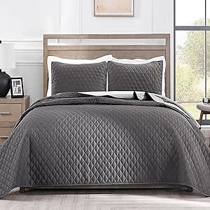 Exclusivo Mezcla Reversible Twin Quilt Bedding Set, Grey | Lightweight Bedspreads with 1 Pillow Sham, Soft Microfiber, All Season Bed Coverlets for Dorm Bedroom Guest Room, 68x88 Inch