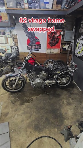 new frame is in and bolted up. now to assemble.#motorcycle #yamaha #virago #repair #mechanic