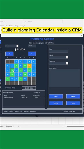Build a planning Calendar in your CRM. Next part comes next week. Watch full CRM seria on my Youtube channel #excelvba #VBA #CRM #businesstools