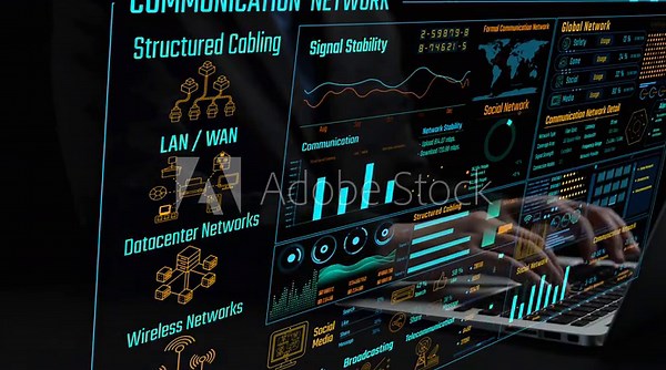 Data center monitoring dashboard visualize network performance, connection status, usage rate, and telecommunication insight. Data center monitoring efficiency improvement network transparency. Thunk