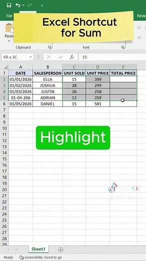 Excel Shortcut for Quick Sum Calculations