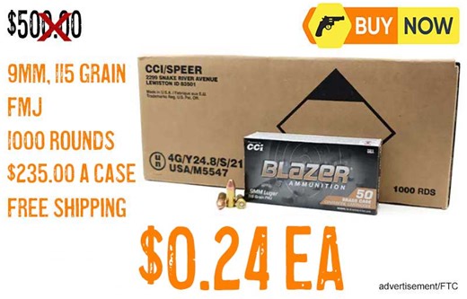 CCI Blazer 9mm 115 Grain FMJ 1000 Rounds $235.00 FREE S&H $0.24ea
