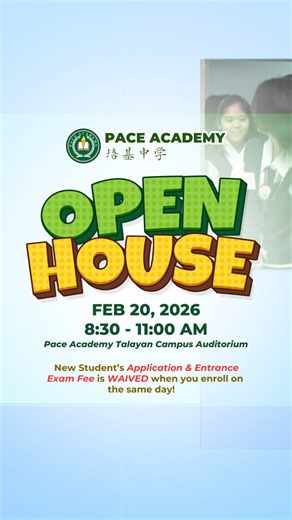 PACE ACADEMY OPEN HOUSE 2026 Admissions are now open for SY 2026–2027! Our doors are open—come and experience what sets Pace Academy apart! Join us for our Open House and discover how we nurture excellence from Preschool to Senior High School. 📅 February 20, 2026 (Friday) ⏰ 8:30 – 11:00 AM 📍 126 Talayan Rd., San Francisco del Monte, Quezon City ✨ What to expect: • Sit-in classes and enrichment program showcases • Campus and facilities tour • Meet our teachers and learn about our programs • Wai