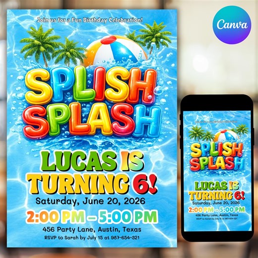 Splish Splash Birthday Invitation, Pool Party Invite for Kids, Summer Water Theme, Printable Template, Instant Download, Canva Editable - Etsy