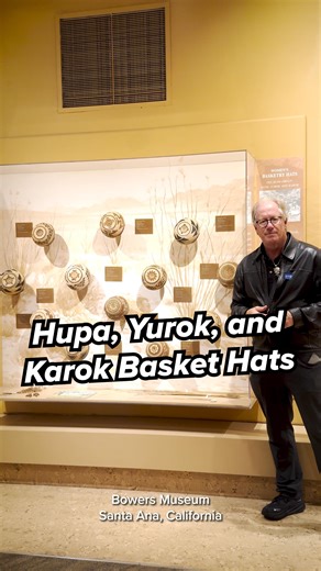 These are Hupa, Yurok, and Karok baskets on display at the @bowersmuseum and what I love about these baskets is that they’re also hats. In fact, I interviewed artist Carina King @californianativeglass (Yurok) at @santafeindianmarket last year, and she was wearing one the entire event. These pieces are gorgeous examples of California basketry and show the skill that the weavers of this region had and continue to have in the present day. If you are in Santa Ana, CA and want to see some of the most