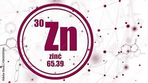 Zinc chemical element. Sign with atomic number and atomic weight. Chemical element of periodic table. Molecule and communication background. Connected lines with dots.