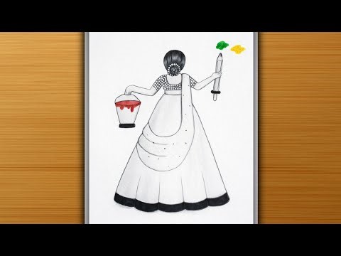 Holi drawing for kids | Holi drawing easy step by step | how to a draw traditional girl with Holi