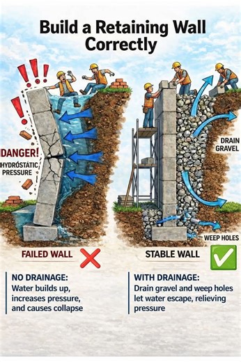 “Proper Retaining Wall Construction: With and Without Drainage” (alternatif: “How Drainage Prevents Retaining Wall Failure”) . #retainingwalls #DSE #civil #steel #Concrete #cement #construction #civilengineering #contractor #building #architecture #TBT #loading #design #edit #educacion #quality #happy #viralpost2025 #footings #constructionlife #fbpost2025 | DSE