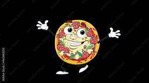 Pizza Character Run. Cartoon loop animation of a runing smiling pizza character. Hand drawn frame-by-frame 2-d animation. 1920X1080 alpha channel.
