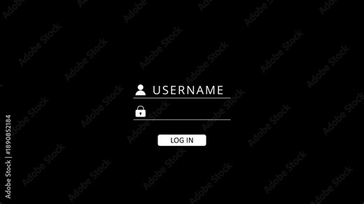 Login Animation until rotating hourglass as a loading page. Username and Password Fields with character and asterisk typing mode on black background for Secure Access.