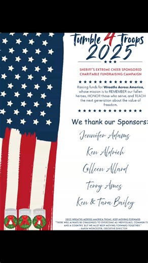 Yesterday we held our annual Tumble 4 Troops Charitable Fundraising Clinic. This year's beneficiary is Wreaths Across America. We are proud to announce that together, with the help of our athletes, friends, family, and local businesses, we raised a total of $3,111. That is enough to cover the cost of 183 wreaths! One last thank you to all our sponsors! | Sheriffs Extreme Cheer