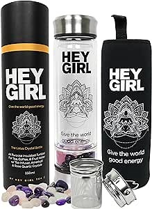 Crystal Water Bottle with Rose Quartz & Amethyst Crystal - Reusable Glass Water Bottles | Tea Infuser Mug Tumbler with Strainer for Loose Leaf Tea - Herbal, Fruit, Gem Infused Water or Tea On The Go