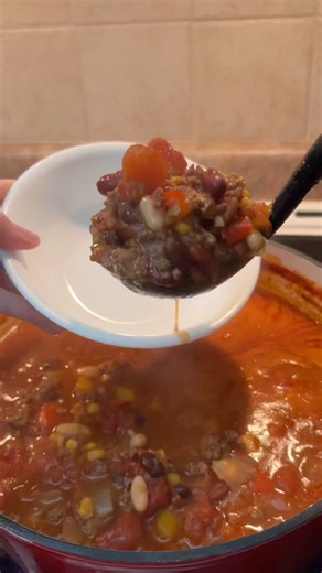 Scooping thick, cheesy chili into a bowl 😍 Quick, hearty, and ready to devour! #homemade #chili