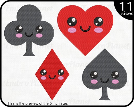 Kawaii Card Suits Embroidery Designs: Hearts, Diamonds, Clubs, Spades (digital Download) - Etsy