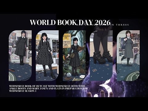 World book day special Wednesday book of outcasts with Wednesday ootd with heels and flats