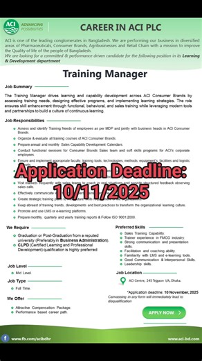 ACI Company Job Circular Post:Training Manager Application Deadline: 10/11/2025 #jobcircular2025 #jobalert #job #JobFair2025 #jobcircular2025 #JobVacancies2025 #jobs #jobsearch #jobseekers #JobAlert2025 #jobfair #bdjobcircular #JobOpening #bdjobs #jobvacancies #JobOpportunities #jobforyou #jobvacancy2025 #jobopportunity #jobsite #jobvacancy #allfollowers | Daily Notice Publish