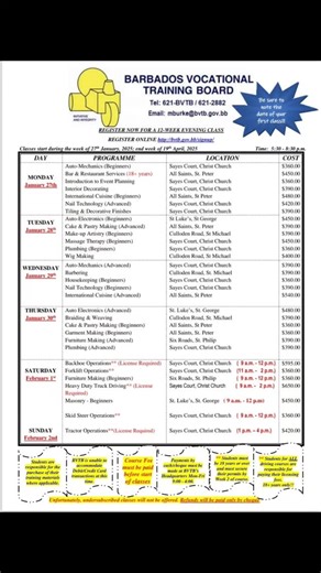 Barbados Vocational Training Board on Instagram: "*UPDATED* Ready to level up your career? Join our 12-week evening program and gain the skillsemployers are looking for! Whether you' re interested intechnology, hospitality, construction, or more, we have a course for you. We offer: Flexible Evening Schedules: Ideal for working professionals and students balancing other commitments. Expert-Led Courses: Learn from experienced instructors who bring real-world knowledge to the classroom. Career-Boos