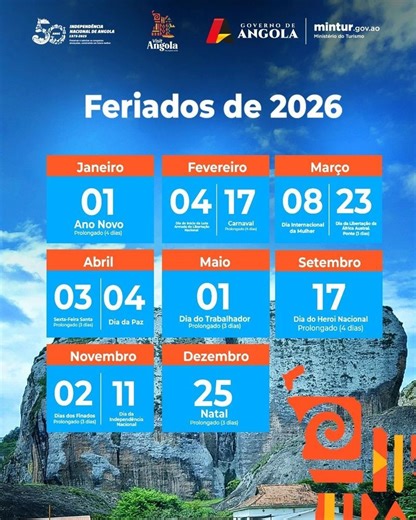 calendário oficial de 2026 - Angola - Portal - reinounido.mirex.gov.ao