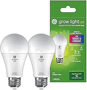 GE Grow LED Light Bulb for Plants Seeds and Greens, Balanced Light Spectrum, A19 (2 Pack)