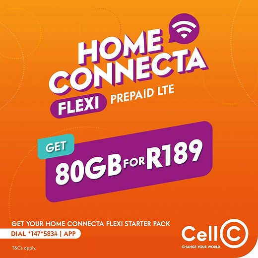 Get fast, prepaid Wi-Fi that’s as flexible as you are with our NEW 4GB, 12GB & 80GB Home Connecta Flexi bundles! No contract, no commitment! Get your Home Connecta starter pack today! T&Cs apply. #ChangeYourWorld | Cell C