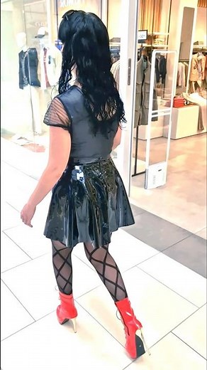 Victoria Devil. 🌟Vinyl & Red Booties Walking 🖤👠 #shiny #fashion #ootd #shortvideo