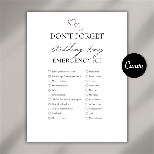 Wedding Emergency Kit Checklist | Printable Bride Planner | Canva Template | - Etsy