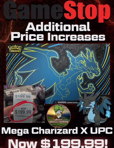 Jg on Instagram: "🔥 GameStop did it AGAIN… price increase alert 🔥 Mega Charizard X UPC just got bumped to $199.99 😭 Bro… every time we think it can’t go higher, they prove us wrong 😂 At this point Charizard is literally taxing our wallets personally 💸🔥 If you’re hunting these in the wild — check the price before you buy, every store is updating tags differently. Some are still showing $179.99 but scanning at $199.99 ⚠️ Pokémon community… how we feeling about this one? 👇 Would you still co