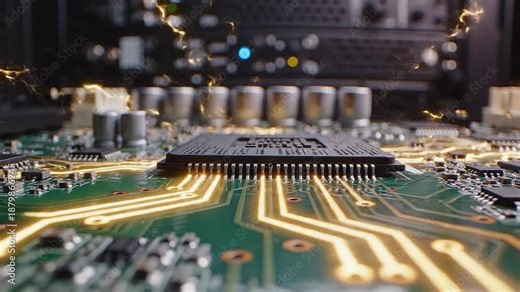 Dynamic closeup of a sophisticated computer circuit board with vibrant golden energy flowing through its intricate pathways and microchip symbolizing rapid data transfer advanced processing and the c.