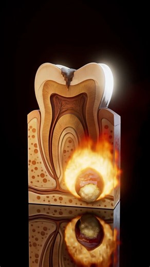 Tooth cross-section — abscess, infection spreading from pulp to root tip and surrounding bone.