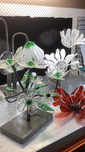 My first fused glass flower exhibition pieces for the Bright Art Gallery Winter exhibition, July 5 to 20. | Sunnymeade Garden Kithbrook