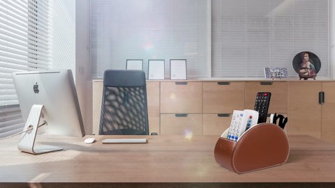 Remote Control Holder Organizer - Table Desk Leather Storage with 5 Spacious Compartments (Brown)