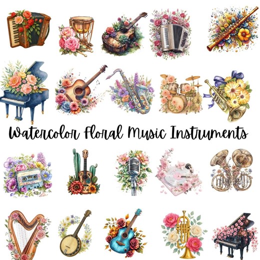 Watercolor Floral Music Instruments PNG Clipart Bundle Digital Download - Etsy
