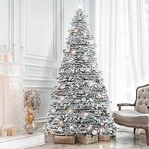 7FT Pre-Decorated Snow Flocked Collapsible Christmas Tree, Full Appearance Xmas Decor with 350 Warm White Lights