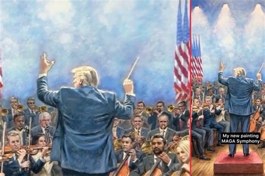 Trump plays MAGA conductor in bizarre new painting with Charlie Kirk in the orchestra