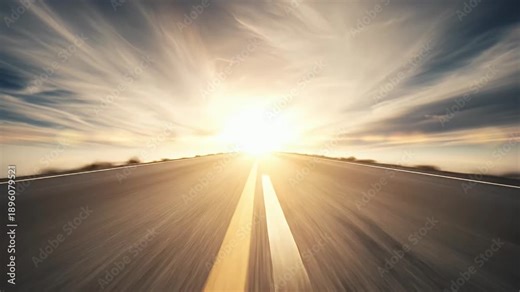 A dynamic, first-person perspective shot captures the exhilarating sensation of accelerating down an open, endless road towards a brilliant, radiant light on the horizon. The landscape, rendered in a