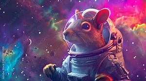 A squirrel in a space suit floats next to a colorful nebula, capturing a whimsical blend of wildlife and cosmic wonder
