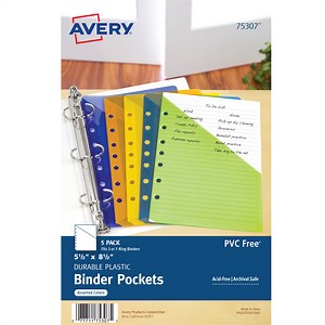 Avery Mini Binder Pockets, 5.5"x8.5", Assorted Colors, Pack of 5 (75307), fits 3 or 7 ring binder