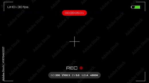 Digital camera recording interface overlay featuring timer, focus frame. 4K landscape format video with alpha channel.