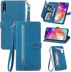 Compatible with Samsung Galaxy A70 Wallet Case with Wrist Strap Lanyard and Leather Flip Card Holder Stand Cell Accessories Phone Cover for A70S A 70 70A S70 Women Men Blue
