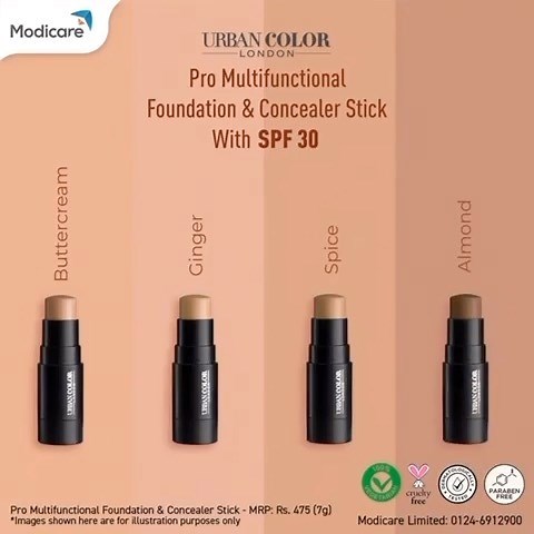 Modicare Official on Instagram: "Get the new Urban Color Pro Multifunctional Foundation & Concealer Stick with SPF 30 for a flawless, quick and easy coverage. It is hydrating, easy to blend, dermatologically tested and cruelty-free. Match from Buttercream, Ginger, Spice and Almond for your perfect base! Know More: https://bit.ly/3vC6vhr #Modicare #LiveTheModiway #SochBadlo #UrbanColor"