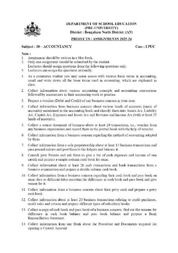 1 PUC - ACCOUNTANCY ASSIGNMENT 2025-26 #banglore#mafem #trshetty #accountancyassignment #accountancy