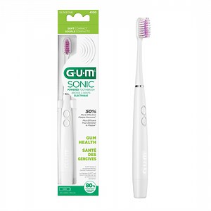 GUM Sonic Battery Powered Toothbrush, Tapered Bristles Clean Below the Gumline, White, 1 Count.