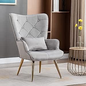 Artechworks Velvet Buttoned Accent Arm Lounge Chairs with Golden Plated Metal Legs & Pillow,High Wingback Living Dinning Chair,Modern Club Chair for Living Dining Room,Bedroom,Office,Grey