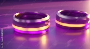 A pair of glowing electric rings with jagged lightning like edges in split lighting The left ring emits a purple hue while the right ring glows white 4k animation
